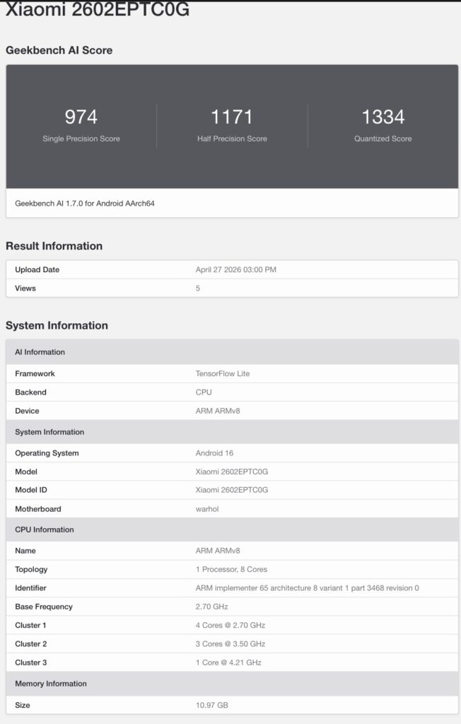 foto: xiaomi 17t pro geekbench ai