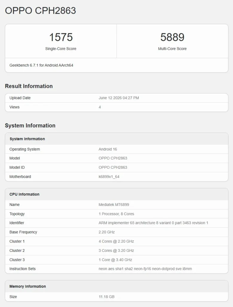 foto: Oppo Reno 16 (Geekbench)