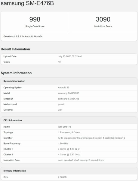 foto: Samsung Galaxy F70 Pro (Geekbench)